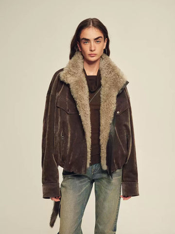 Detachable Wool-Collar Herringbone Sheepskin Parka – Camel-Wool Filled Winter Coat for Women