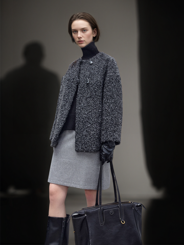Women’s Short Wool Blend Coat with Alpaca Texture | Elegant Tweed Style Winter Jacket