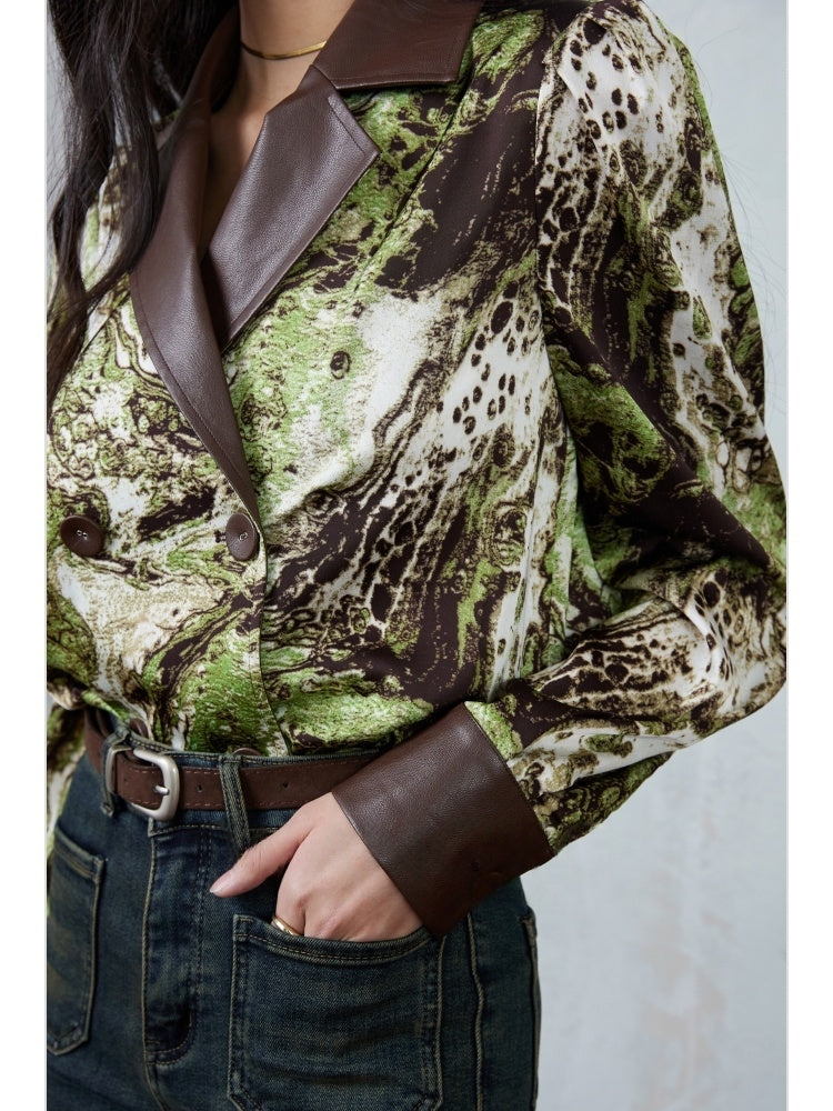 Satin Print & Eco Leather Spliced Double-Breasted Shirt – Floral Long Sleeve with Notched Lapel