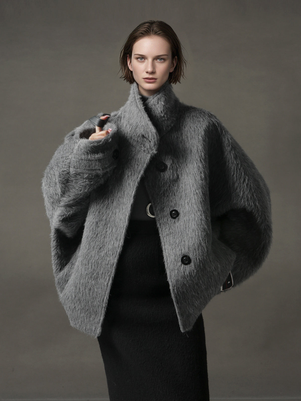 Alpaca Wool Biker Jacket for Women – Stand Collar Suoli Alpaca Coat with Luxe Textured Finish, Winter Chic Outerwear