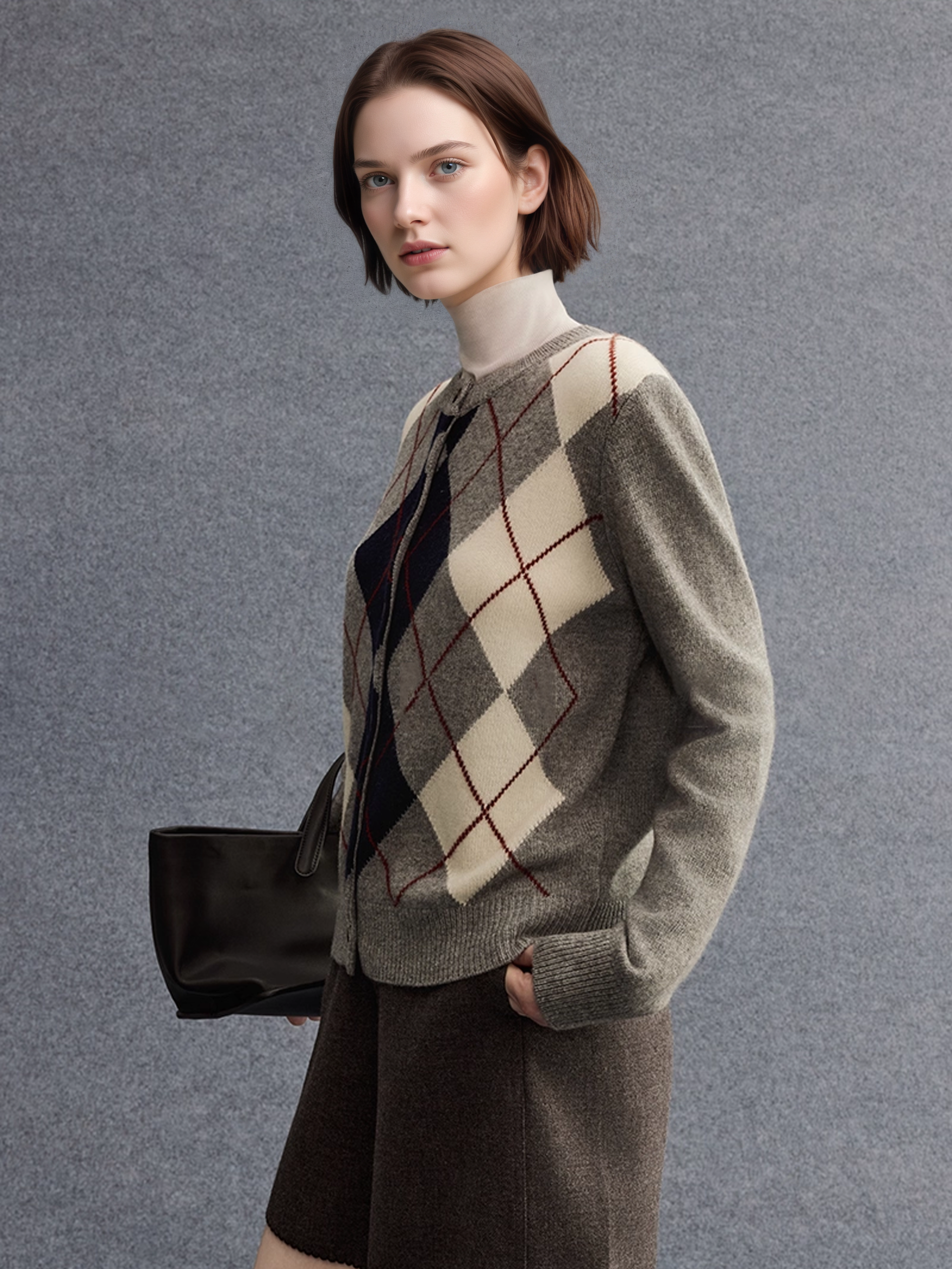 Australian Merino Wool Plaid Cardigan | Vintage Drop-Shoulder Intellectual-Style Knitwear for Women