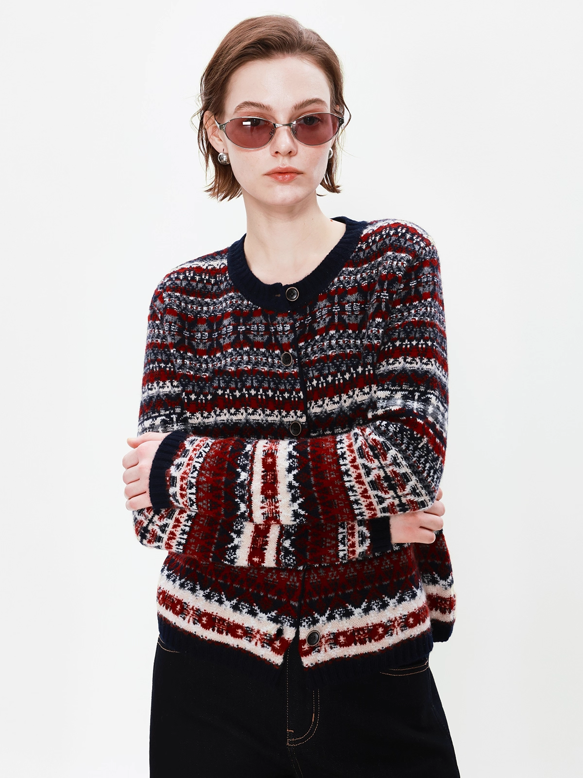 Bohemian Artist Vintage Literary 100% Wool Fair Isle Heavy Jacquard Knit Cardigan for Women