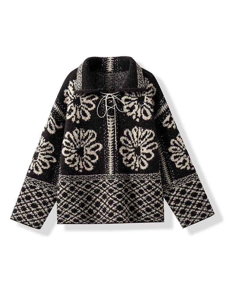 Paris Snow Velvet Fair Isle Knit | French-Style Tie Polo Collar Loose Slimming Pullover Sweater