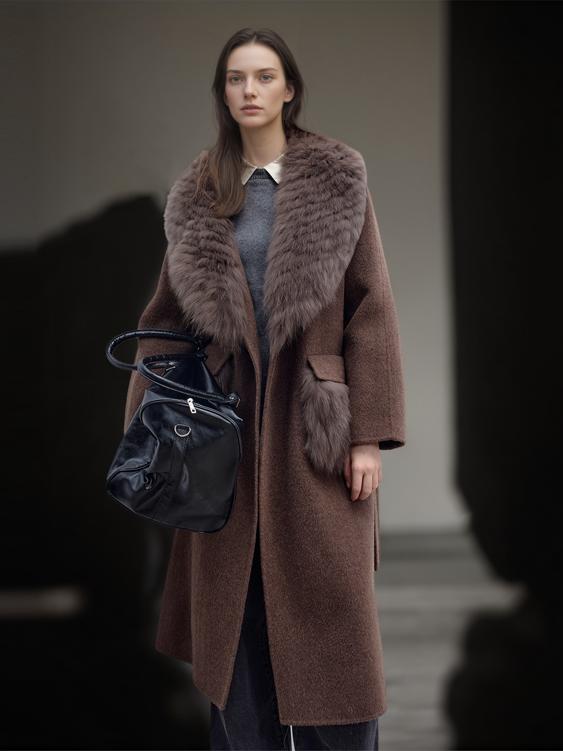 Women’s Long Double-Faced Wool Coat with Fox Fur Collar | 2025 Winter Wool Overcoat