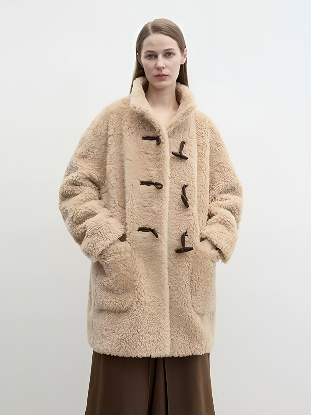 Ragoon-Style Curly Shearling Wool Coat for Women – Mid-Length Faux Shearling Jacket with Toggle Closure and Stand CollarRagoon-Style Curly Shearling Wool Coat for Women – Mid-Length Faux Shearling Jacket with Toggle Closure and Stand Collar