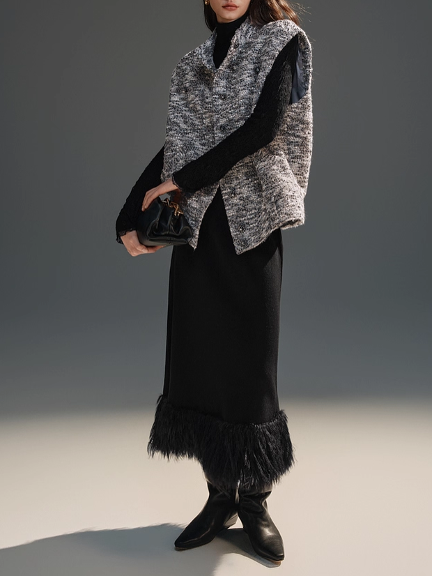 Double-Layer Thick Wool Cross-Stitch Tassel Sequin Embellished Knit Midi Skirt