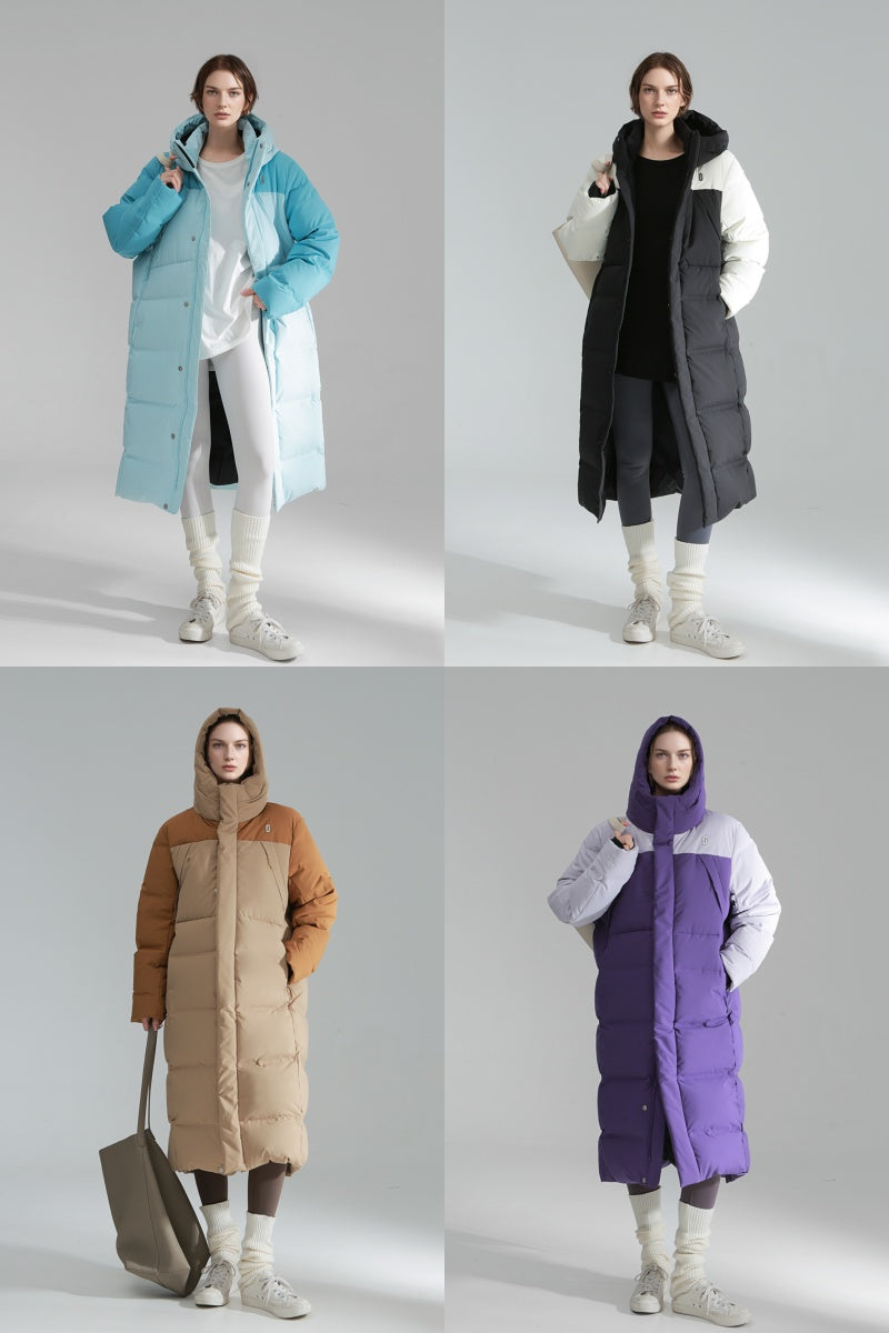 Macaron Color Long Down Coat for Women – Warm Lightweight Goose Down Puffer Jacket, Outdoor Winter Outerwear