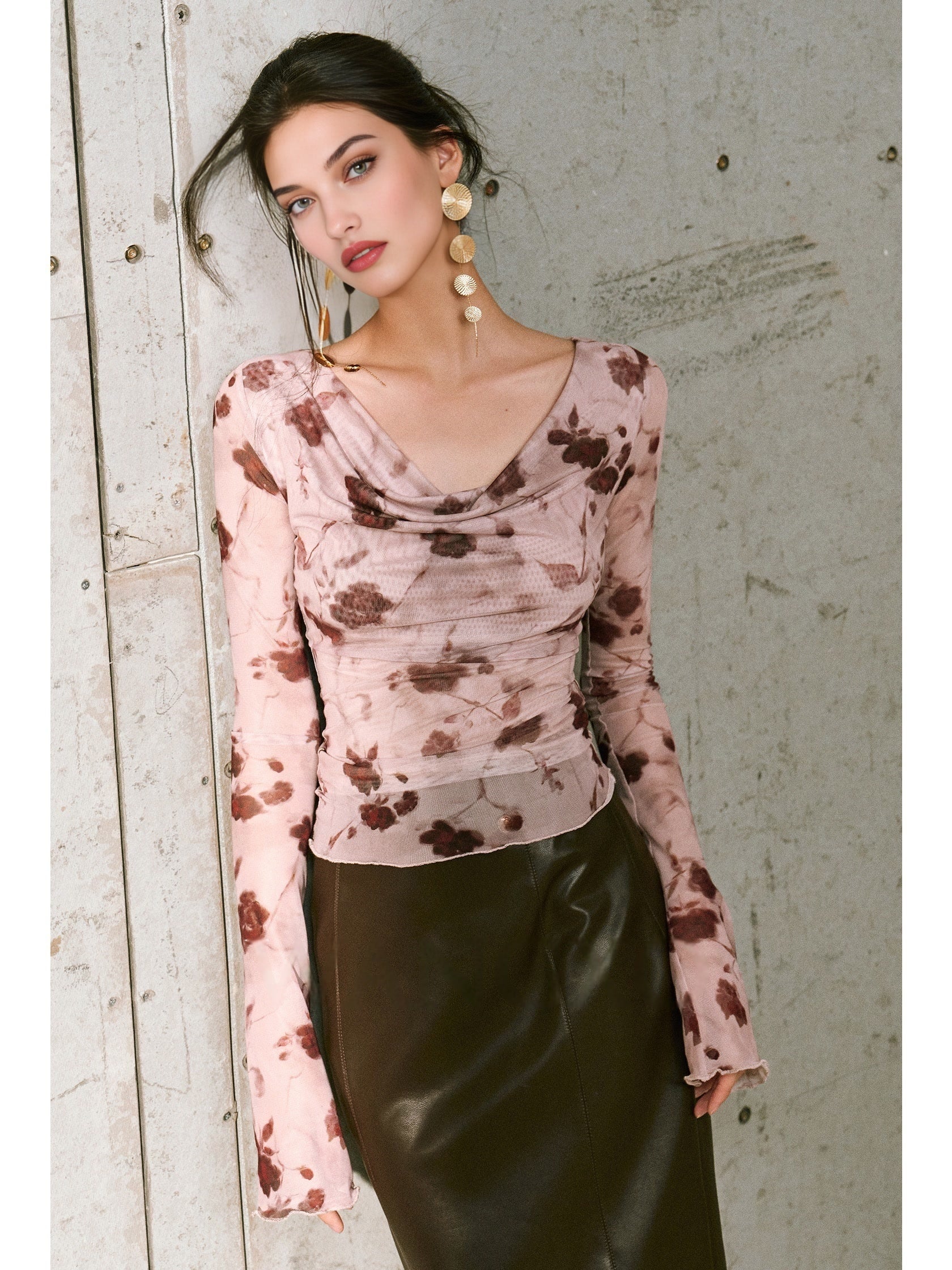 Women’s Sheer Gauze Slim Fit Top – Gold Thread, Artistic Print, Draped Lace Collar