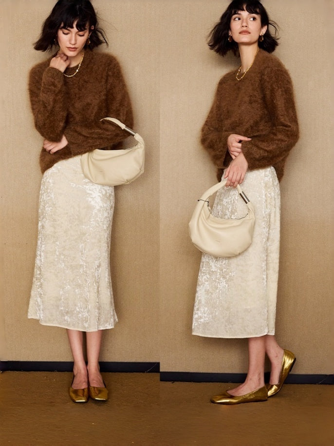 Glimmering Waves Vintage Gold-Flecked Fish Tail Skirt | Stretch Velvet Midi Skirt