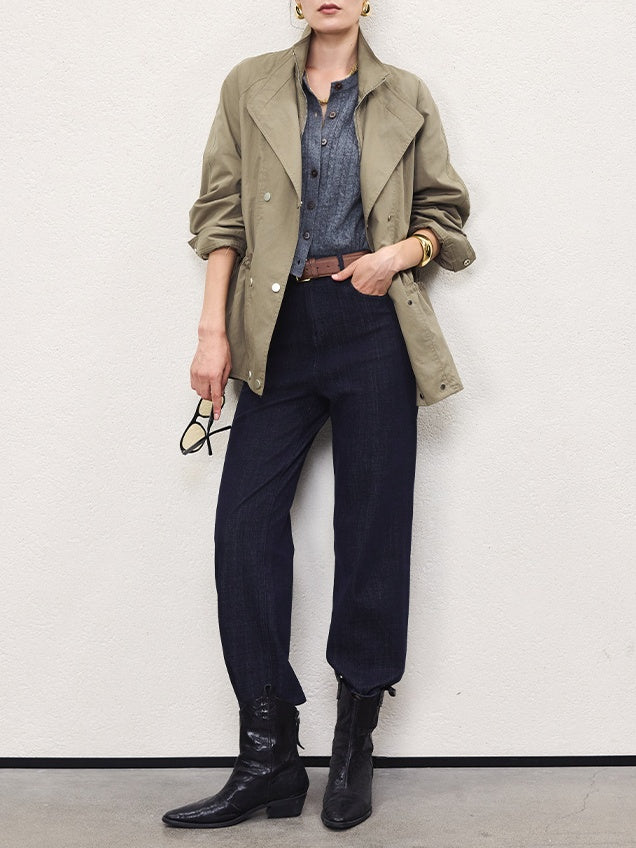 Autumn Retro High-Density Cotton Drawstring Dual-Collar Utility Jacket