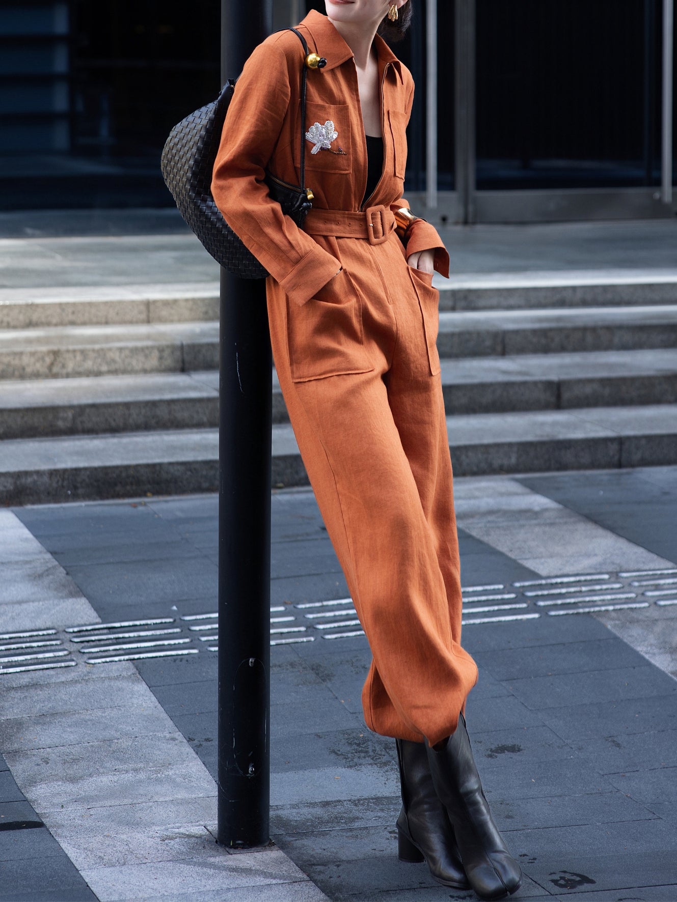 Retro Linen Jumpsuit – Beaded Detail, Loose-Fitting Slimming Wide-Leg Design