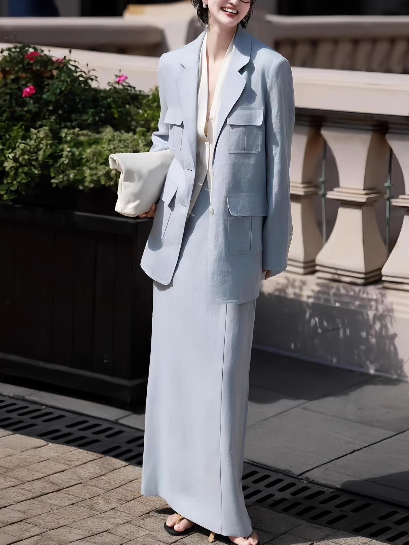 Old Money Autumn Suit Set – Relaxed Linen Blazer & Skirt Two-Piece