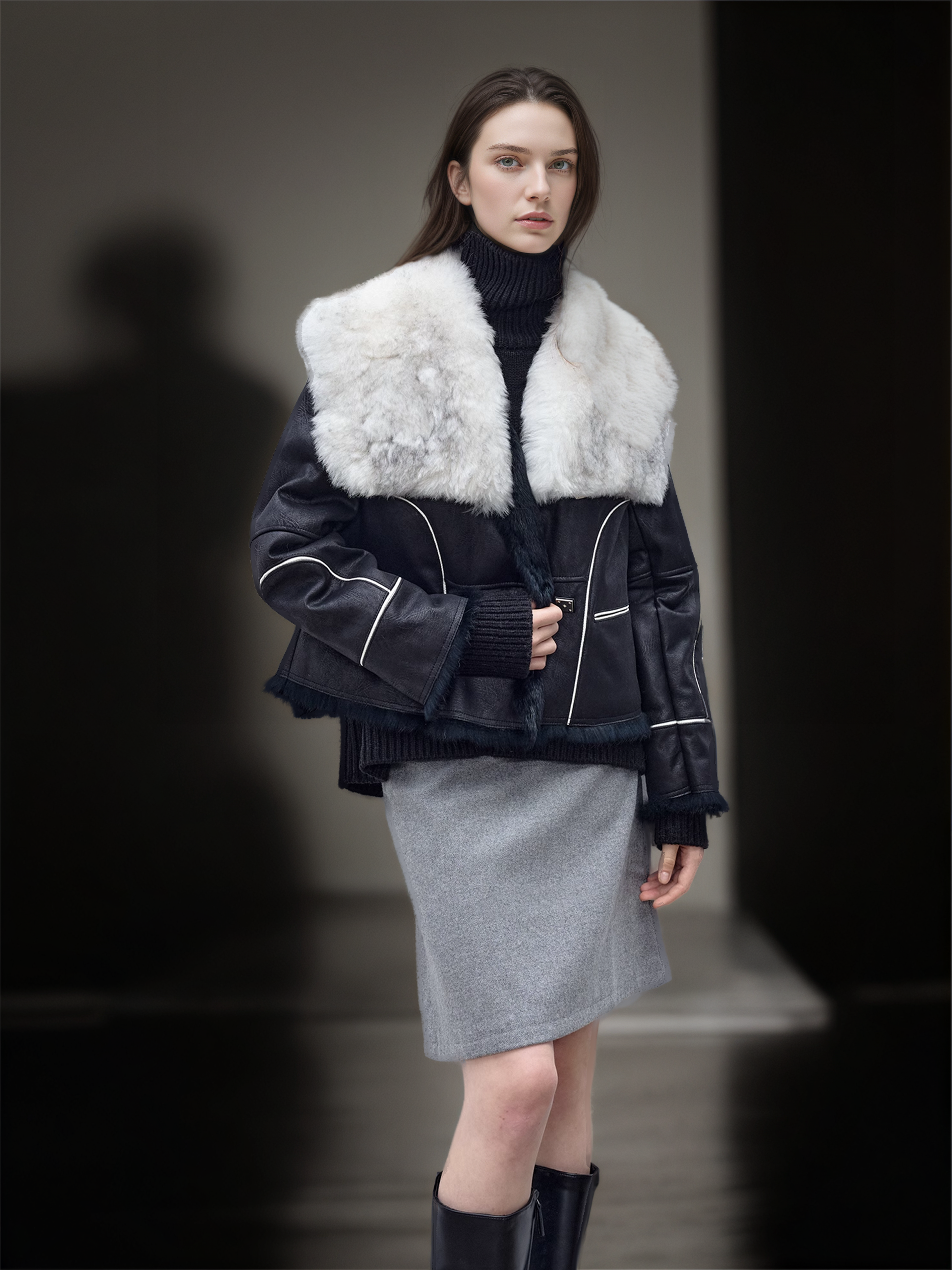 Women’s Short  Shearling Suede Coat with Wool-Blend Collar | Stylish Winter Jacket