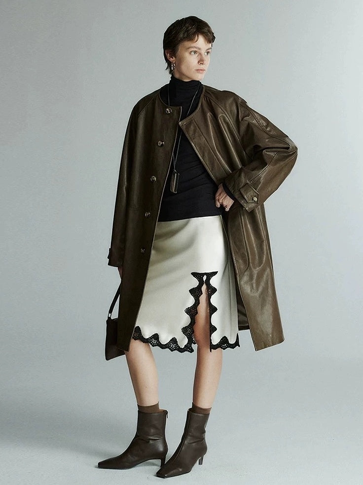 French Elegant Acetate Lace Slit Midi Skirt — Boudoir-Inspired Custom Craft Skirt for Women