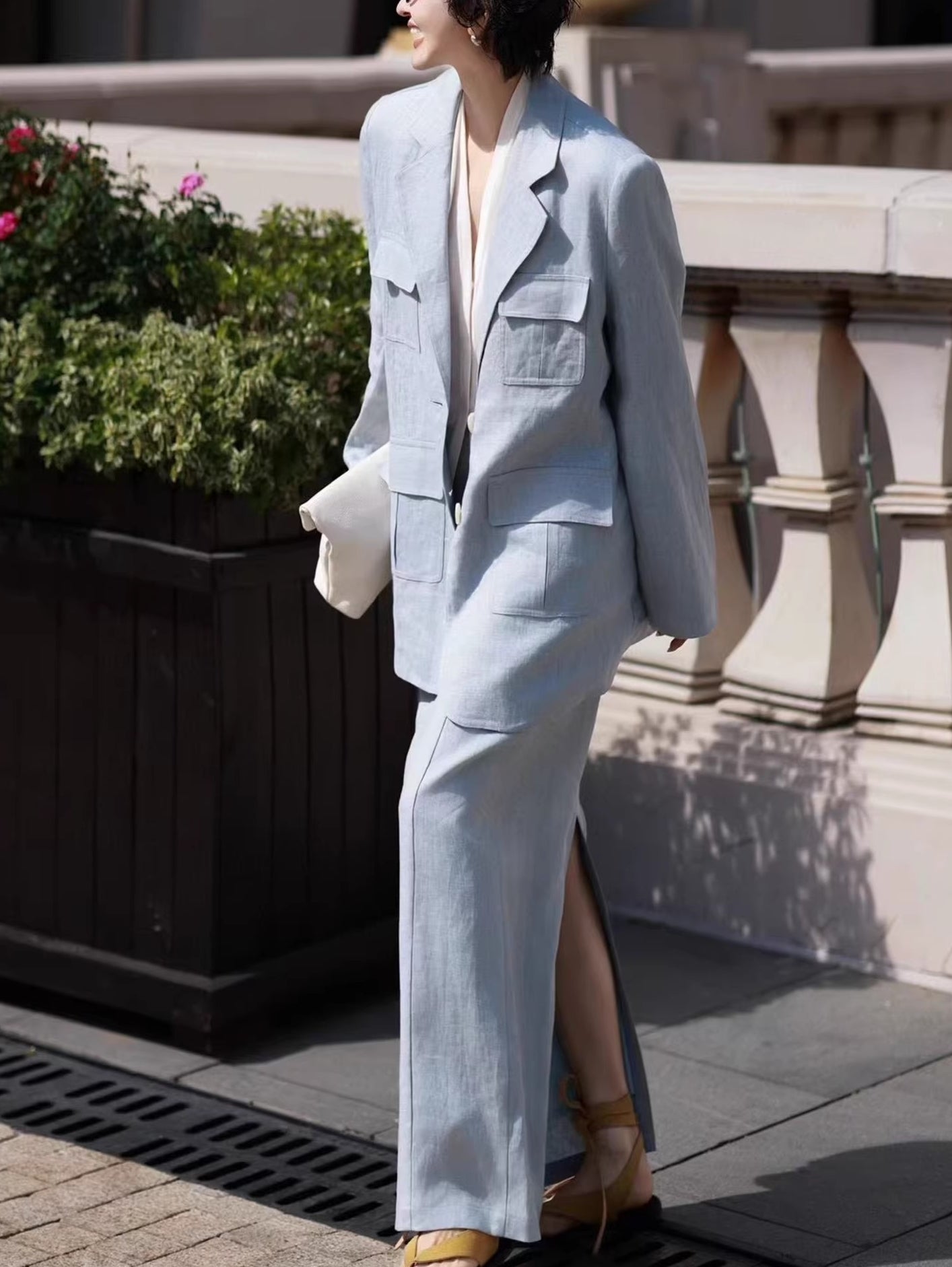 Old Money Autumn Suit Set – Relaxed Linen Blazer & Skirt Two-Piece