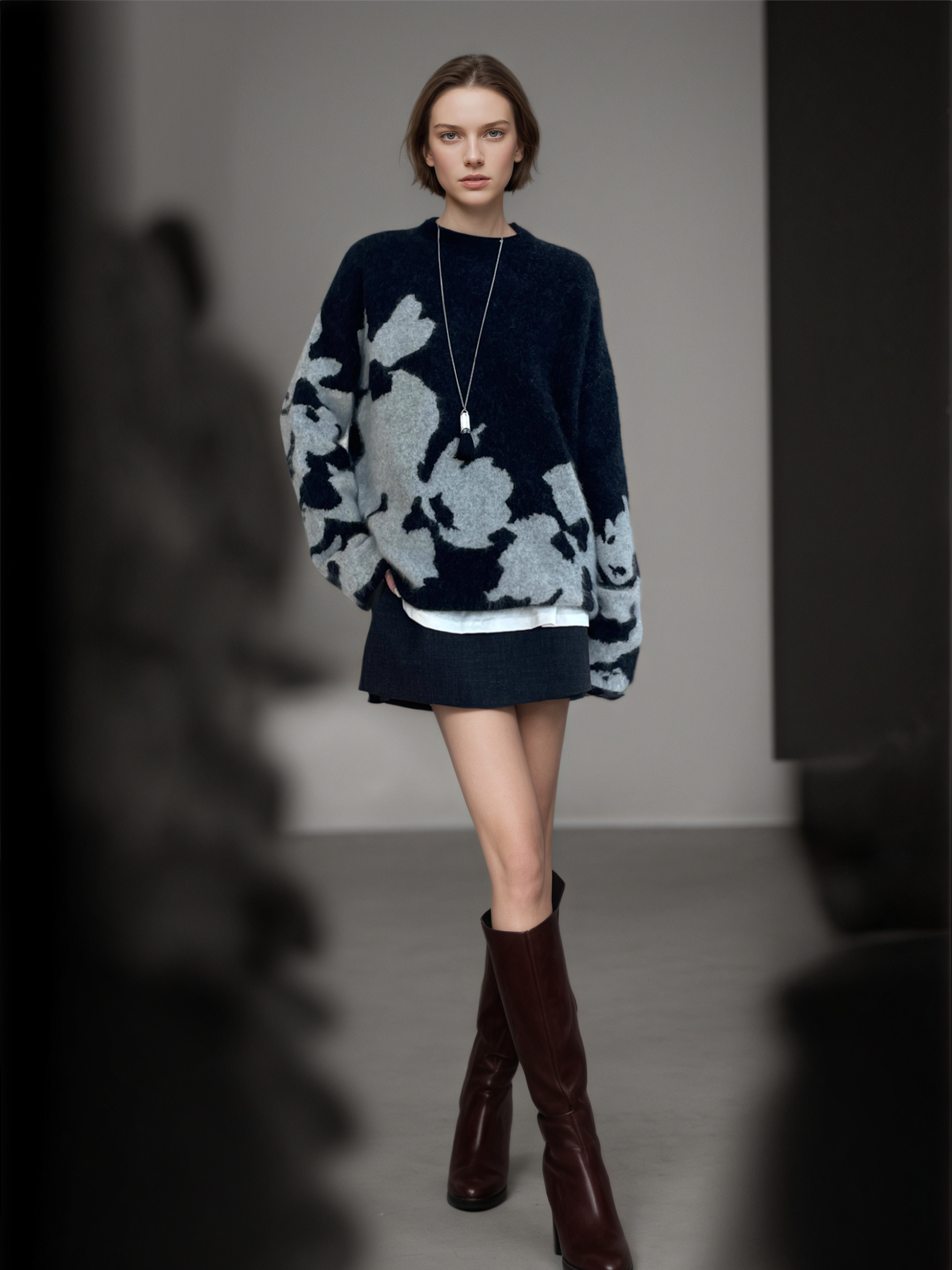 Women’s Wool Cashmere Jacquard Knit Sweater | Soft Brushed Pullover with Relaxed Fit for Fall Winter