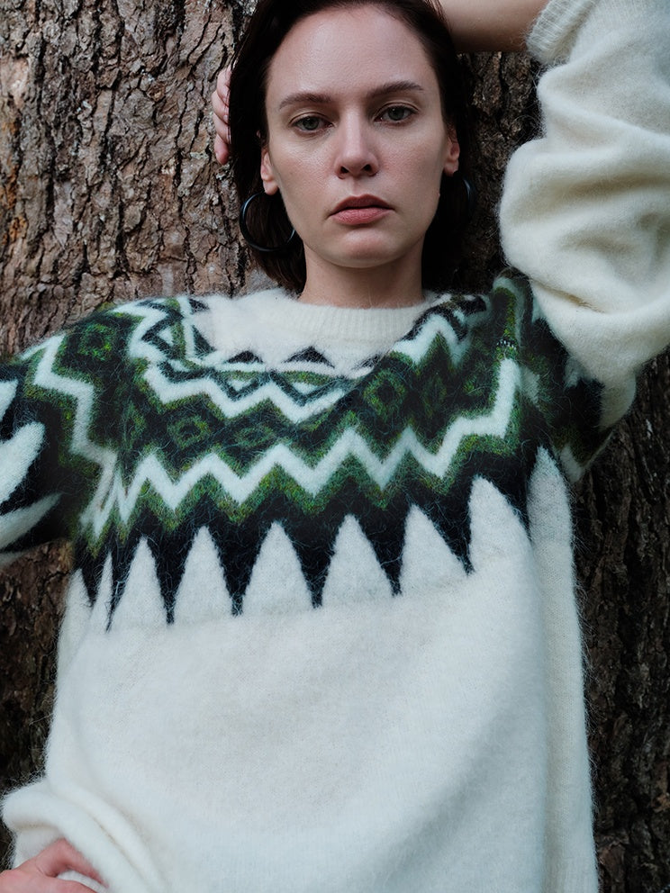 Nomadic Pattern Alpaca Wool & Merino Wool Blend Embroidered Sweater – Misty Fog Effect