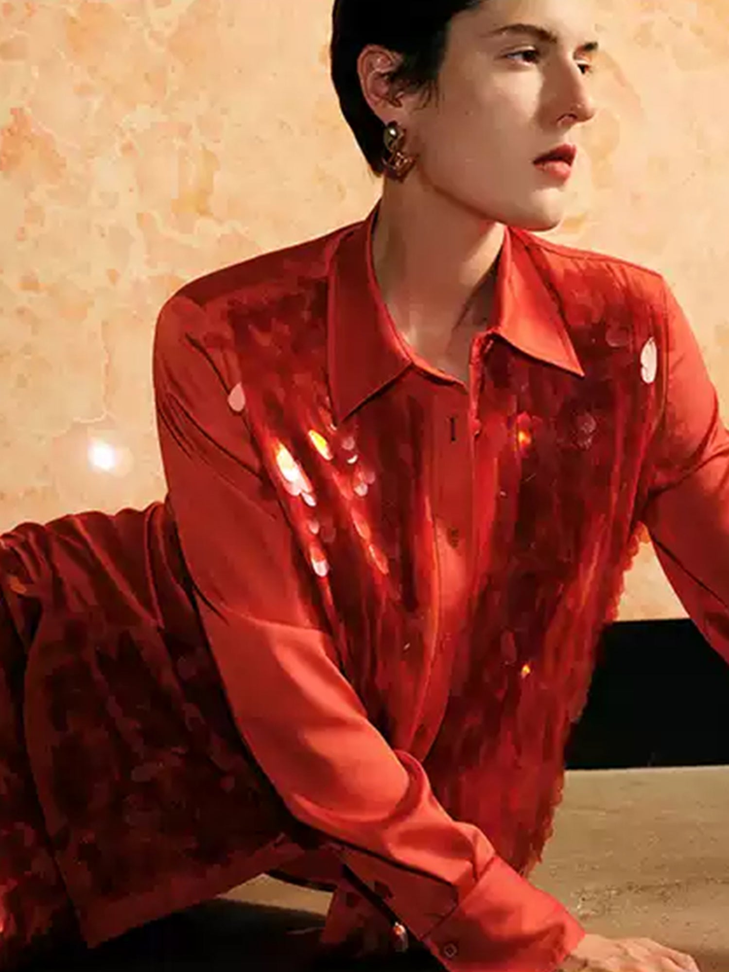 Red Christmas Party Satin Shirt with Teardrop Sequin Embellishments