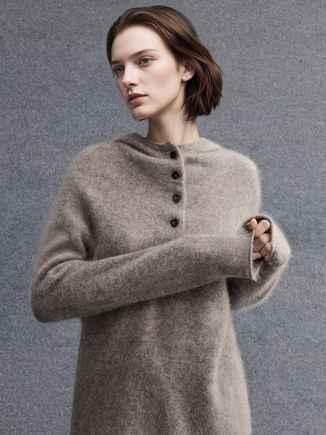 Cashmere Wool Brushed Hoodie Sweater | Henley-Neck Relaxed Fit Soft Cloud-Knit Pullover