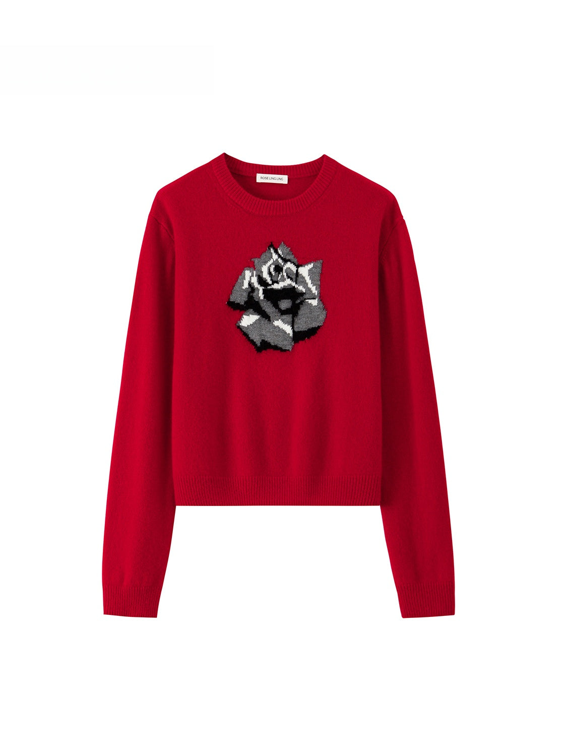 Soft Wool Rose Jacquard Sweater – Semi-Worsted Round Neck Pullover for Women