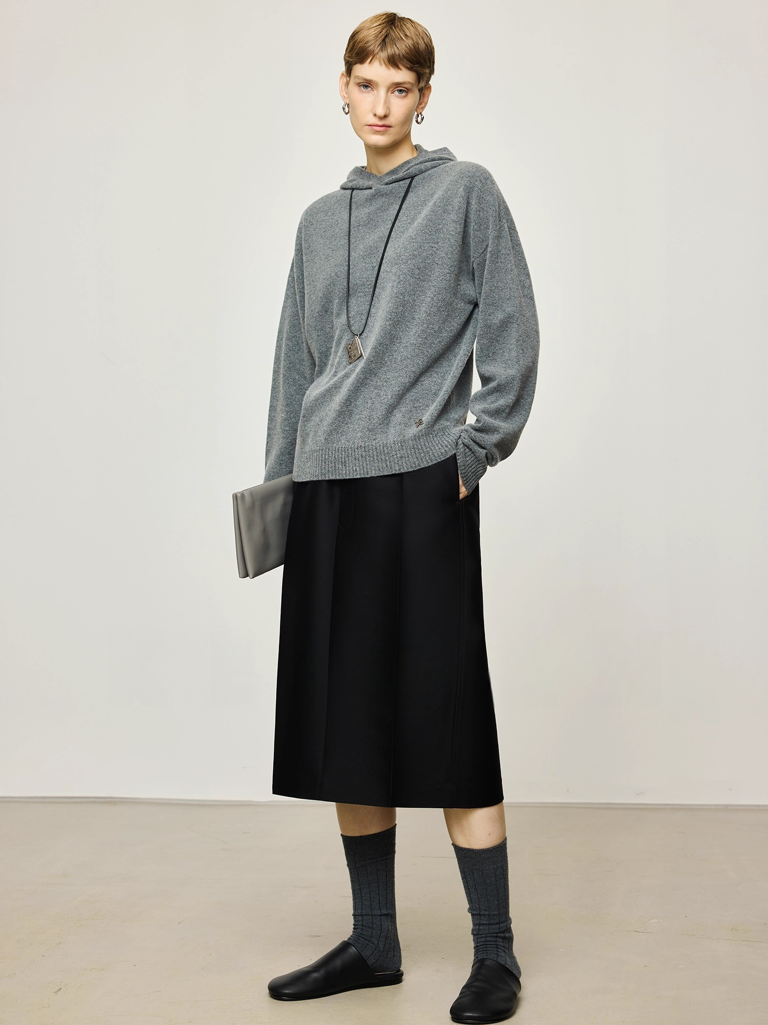 45mm Heavyweight Silk-Wool Luxe Skirt | Minimalist Straight Midi Skirt with Elastic Waist & Button Placket