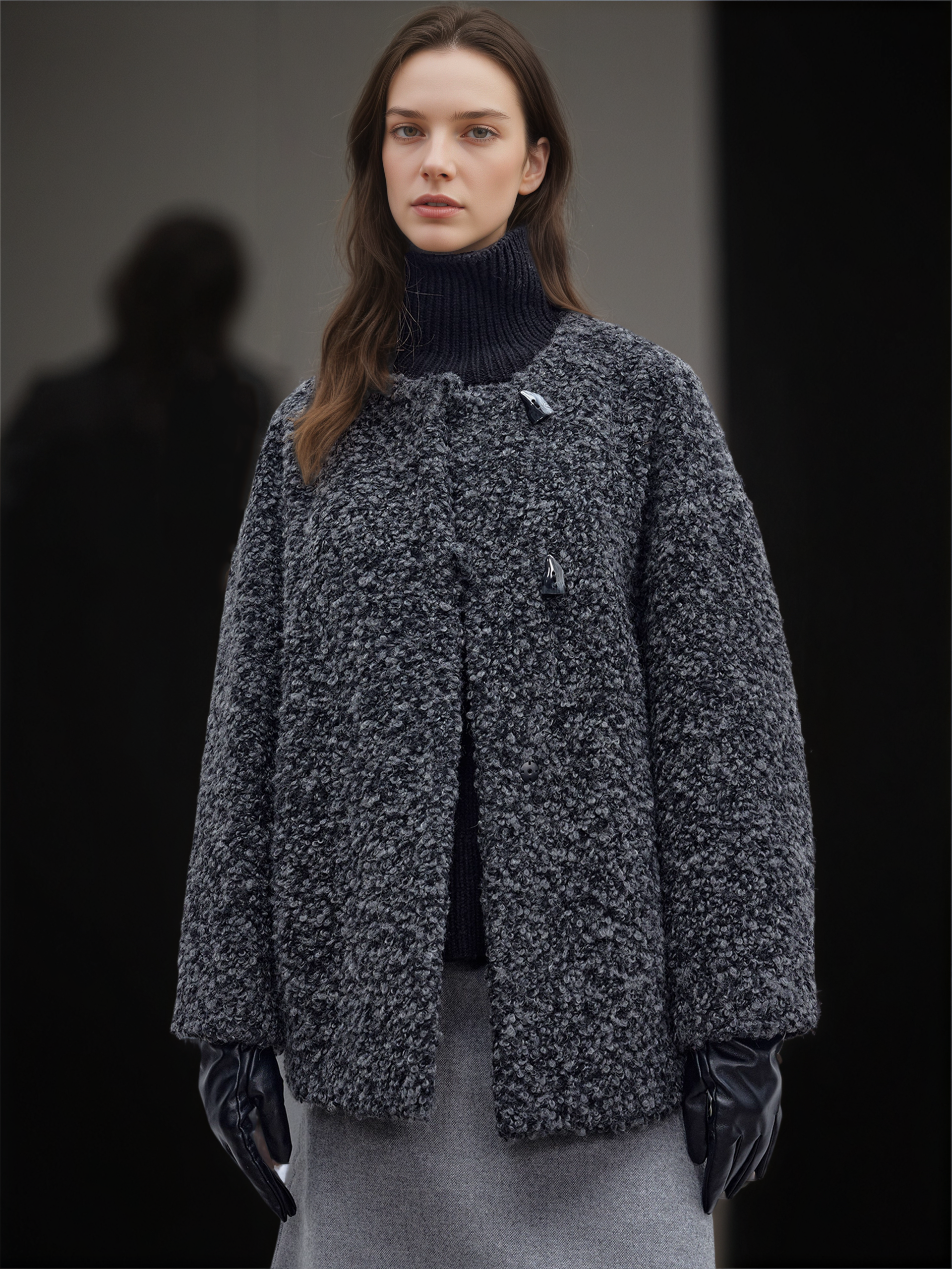 Women’s Short Wool Blend Coat with Alpaca Texture | Elegant Tweed Style Winter Jacket