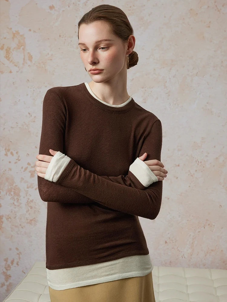 Two-Piece Wool Knit Sweater – Slim Fit Round Neck Long Sleeve Turtleneck with Color-Block Design