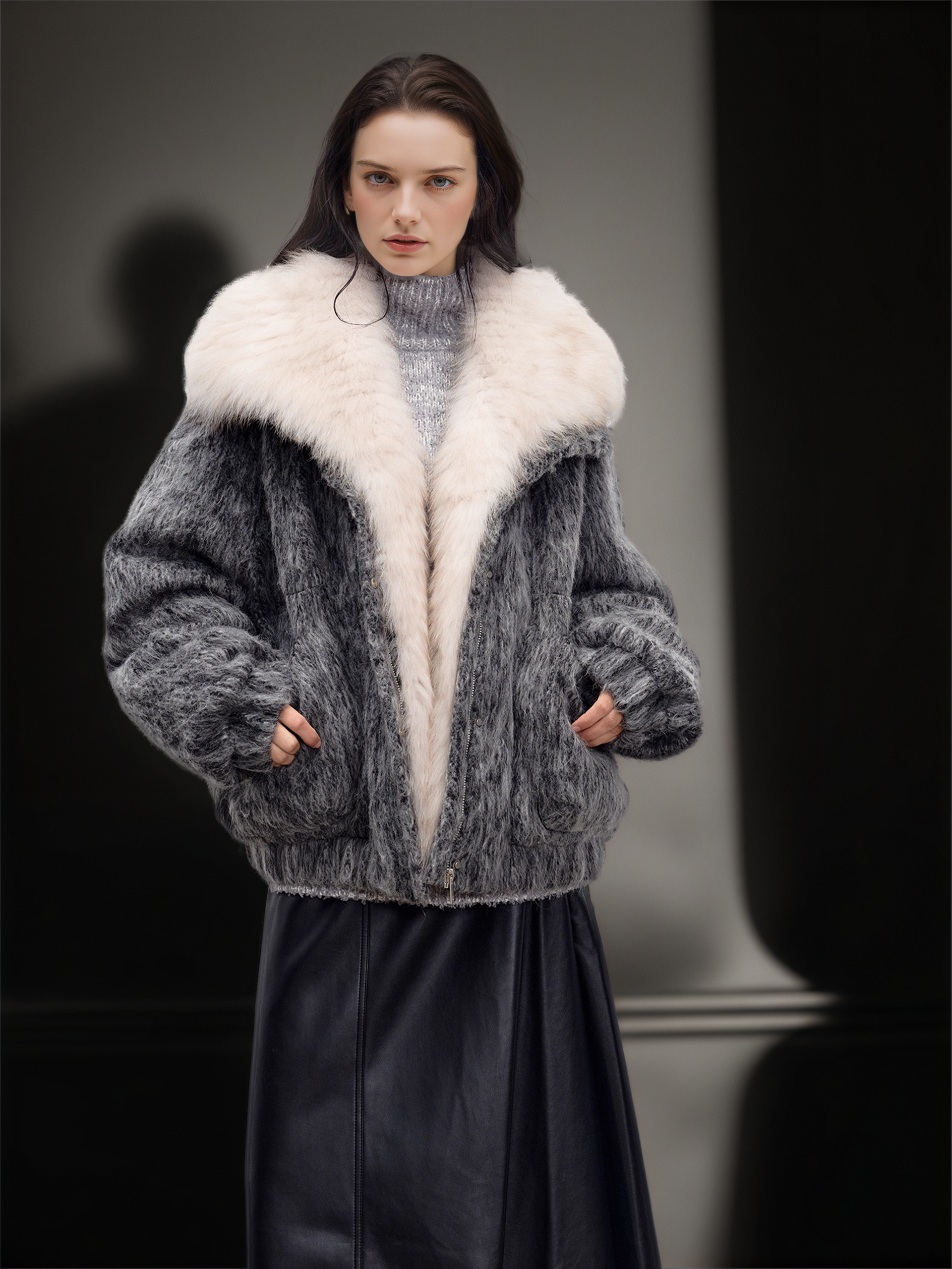 Women’s Wool-Blend Down Coat with  Fox Fur Collar | 90% White Goose Down Winter Jacket