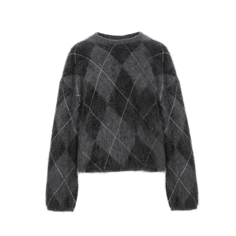 Heavyweight Brushed Knit Vintage Diamond-Pattern Sweater for Women