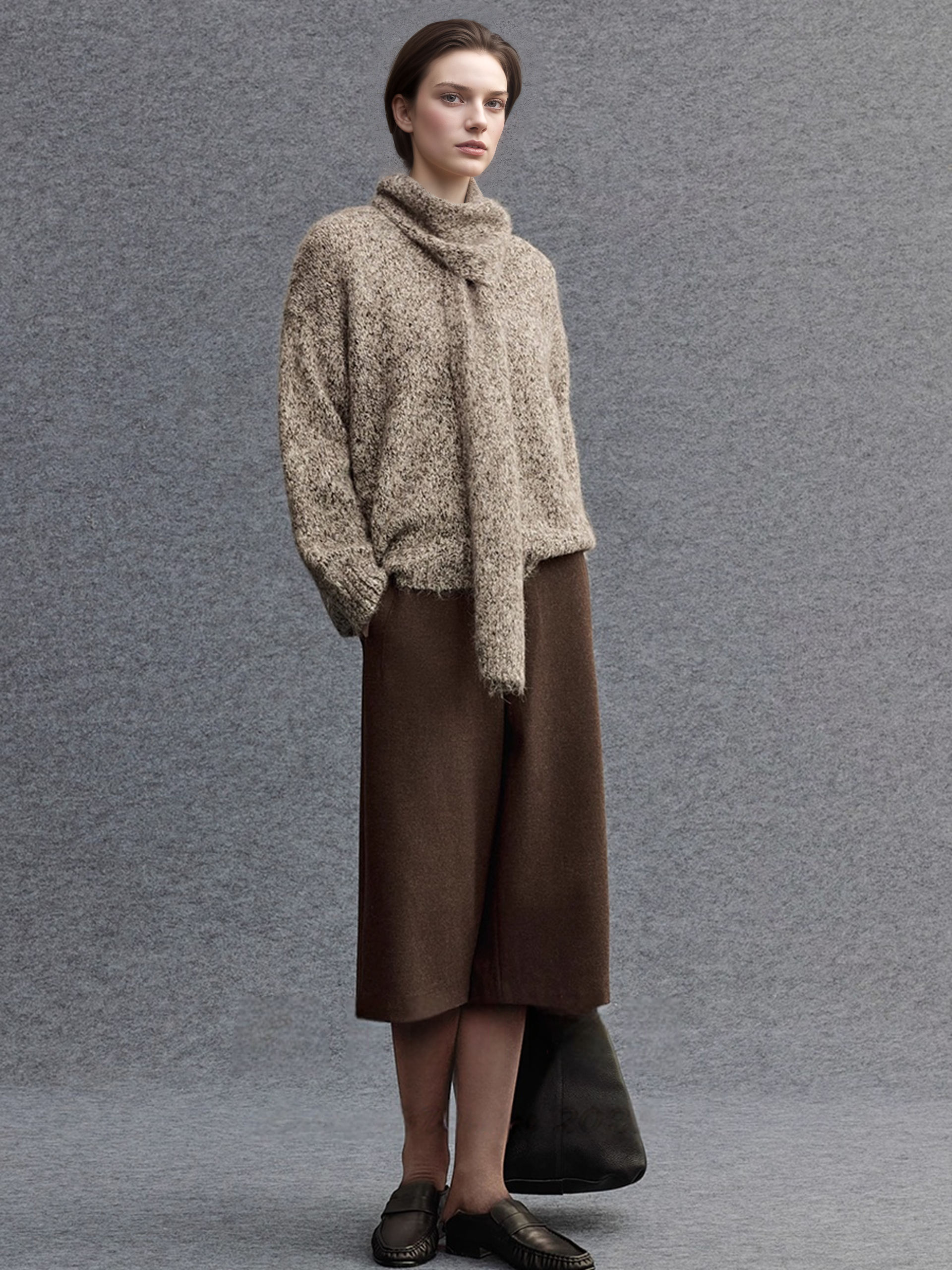 Textured Mélange Knit Sweater with Detachable Scarf | Relaxed H-Silhouette Drop-Shoulder V-Neck Pullover for Women