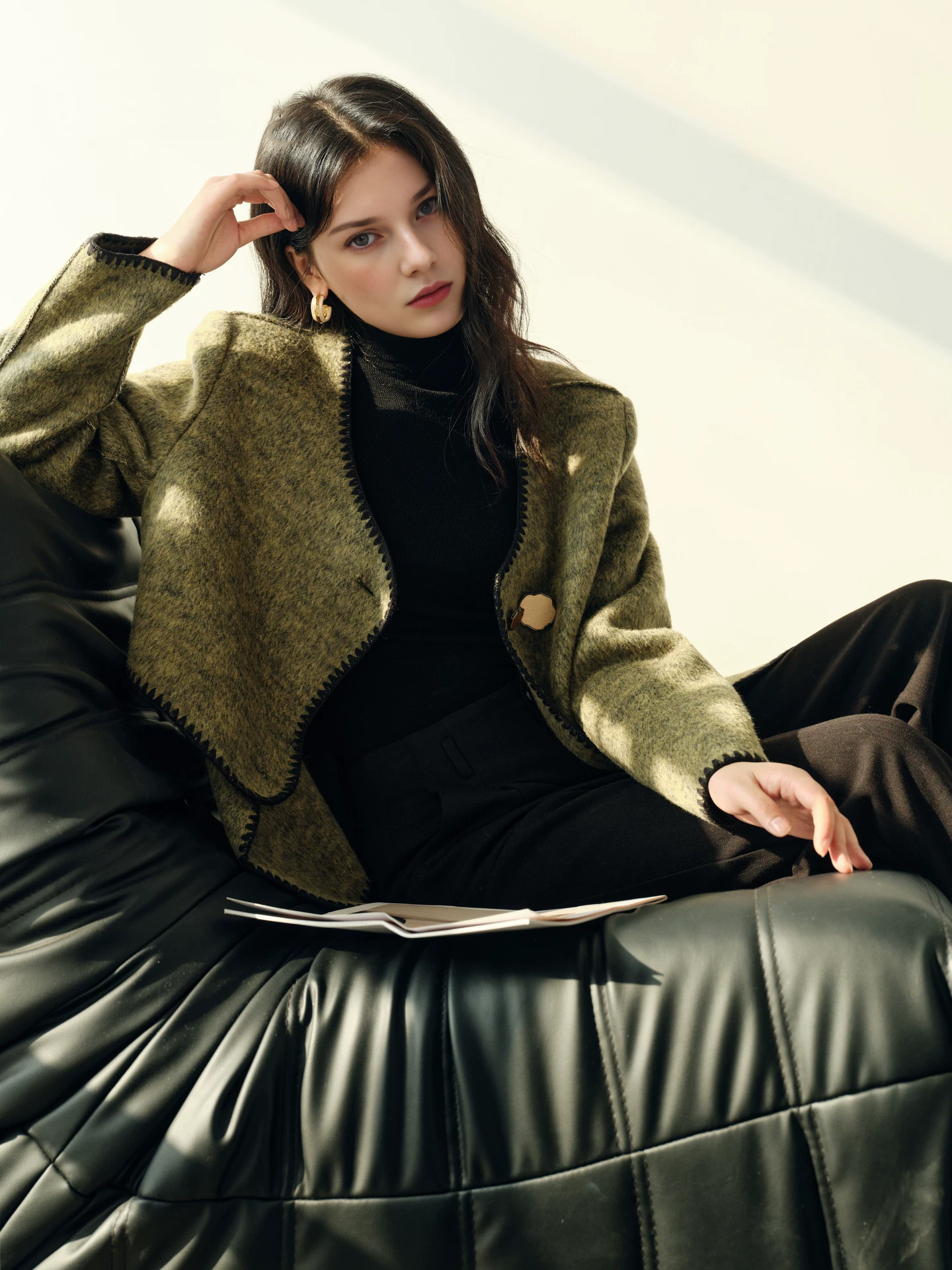 Women's Designer Green Wool Coat with Reversible Scarf – Double-Faced Wool Winter Overcoat