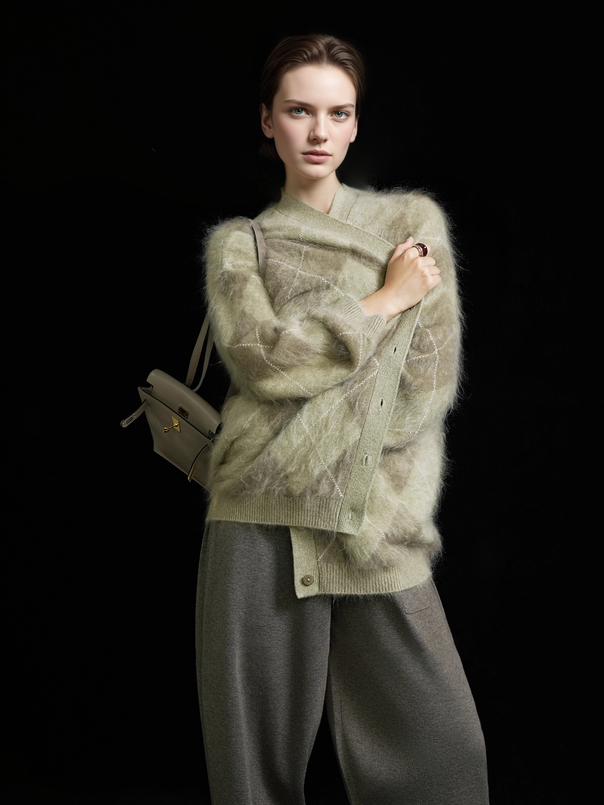 Heavyweight Brushed Knit Vintage Diamond-Pattern Cardigan for Women