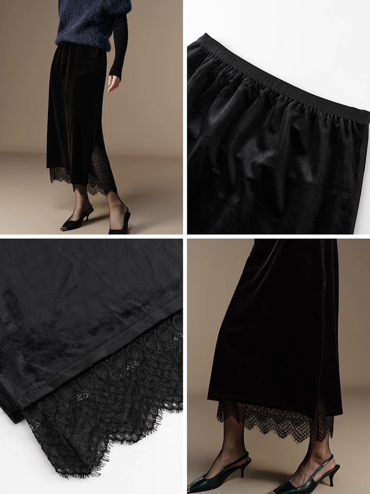 French Romantic Style Stretch Waist Lace-Trim Draped Velvet Long Skirt