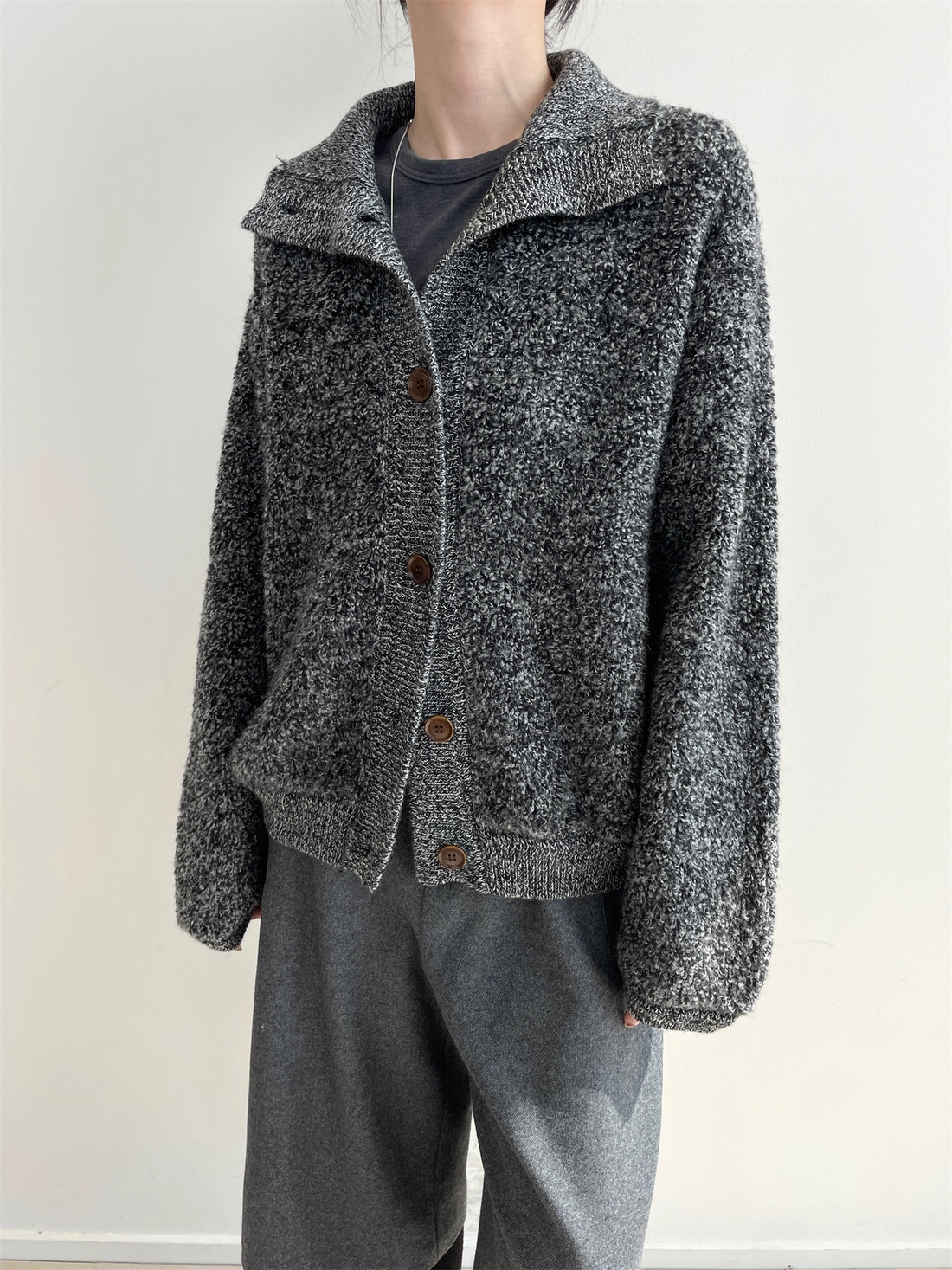 100% Wool Bouclé Knit Stand Collar Sweater Jacket for Women | Heavyweight Thick Textured Wool Cardigan