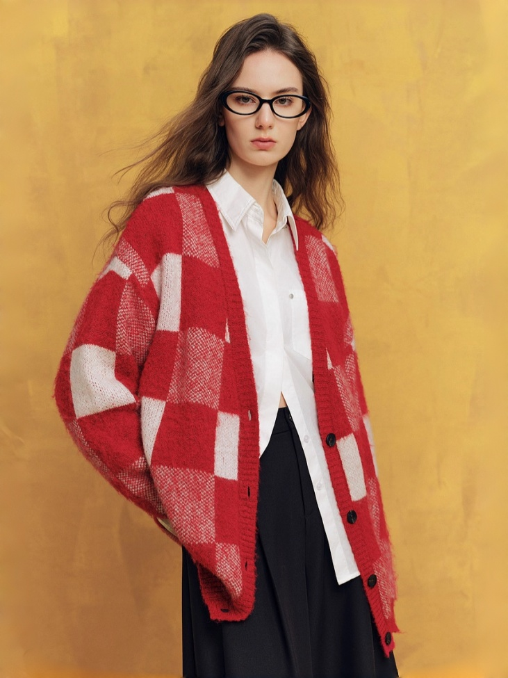 French-Style Wool Checkered Christmas Cardigan – New Cozy Loose-Fit Knit Sweater for Women