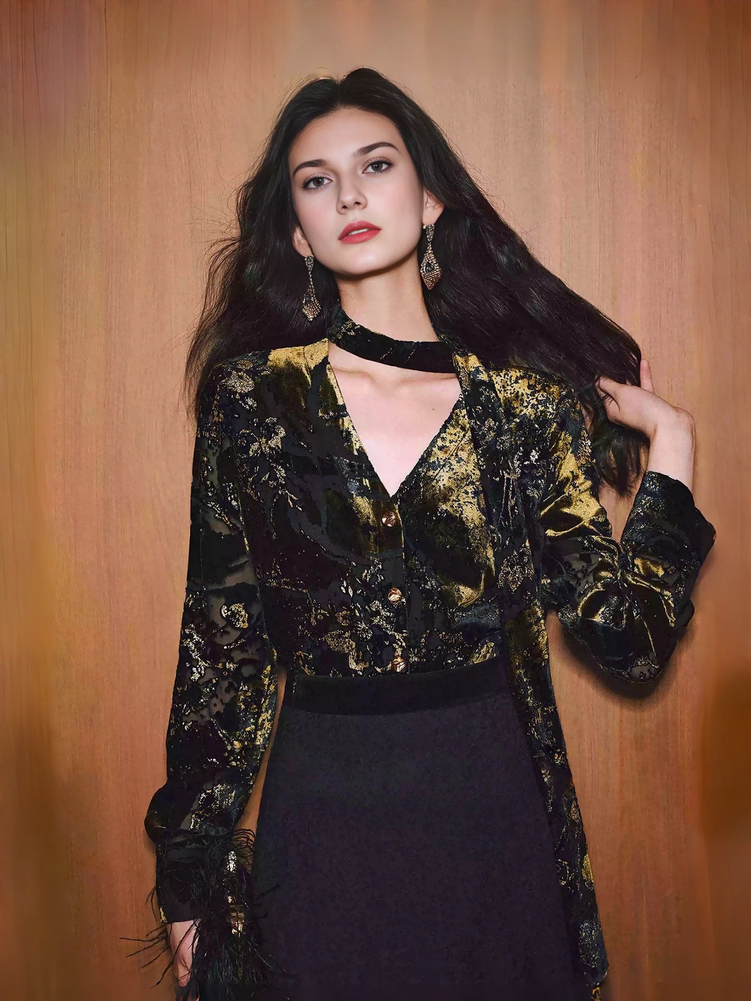 Party Gilded Velvet Burnout Blouse – High-Density Foil Velvet, Deep V-Neck Tie Detail, Relaxed Fit Shirt