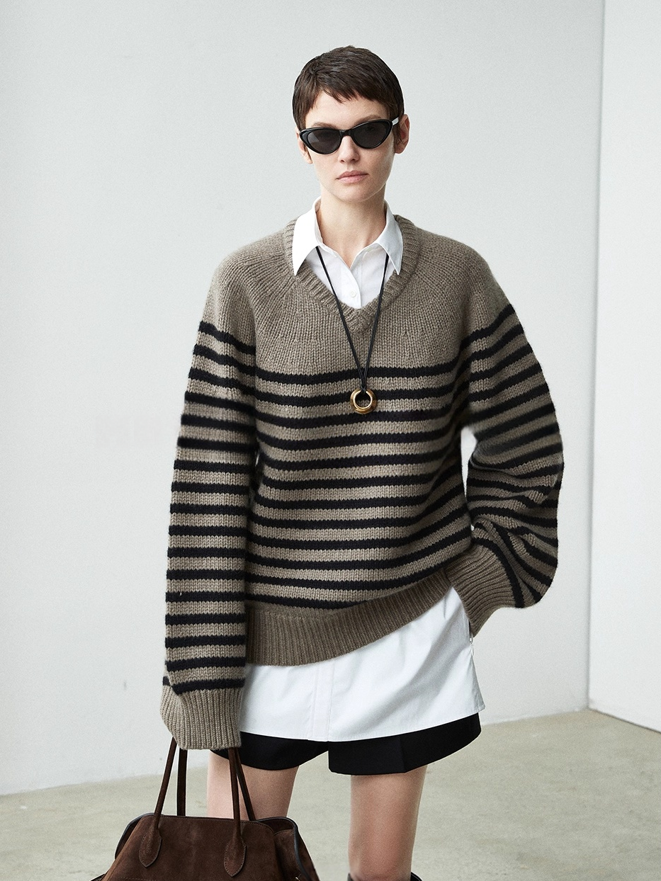 Women’s Relaxed Wool Striped Sweater with Sweetheart Neckline | Minimalist Fall/Winter Knit