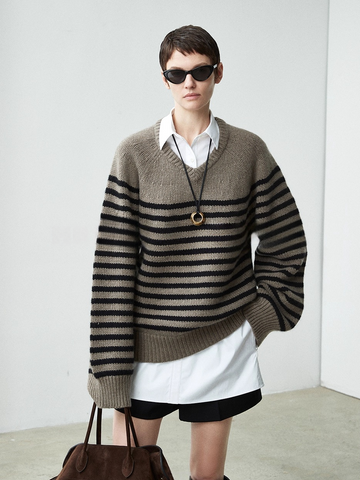 Women’s Relaxed Wool Striped Sweater with Sweetheart Neckline | Minimalist Fall/Winter Knit