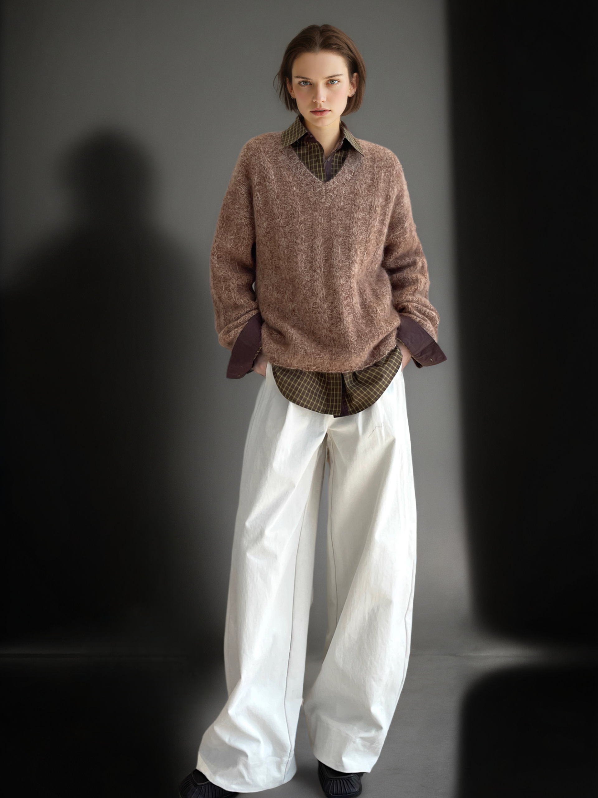 Women’s Wool Cashmere V-Neck Ribbed Knit Sweater | Soft Brushed Pullover with Relaxed Fit