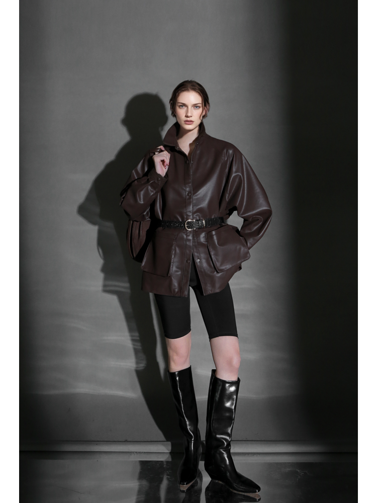 Chic Oversized Leather Jacket for Women – Premium Lambskin Commuter Coat with Large Pockets, Autumn Fashion
