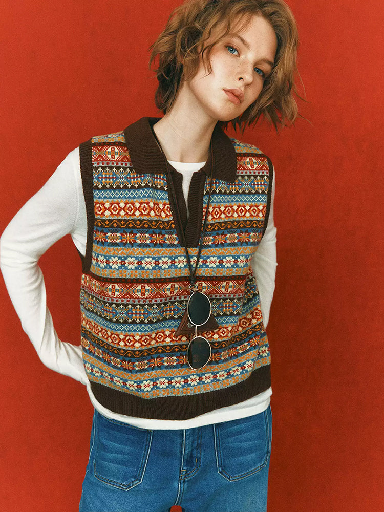 Fair Isle Jacquard Knit Vest for Women – French Vintage Scissor V-Neck Geometric Sweater Top