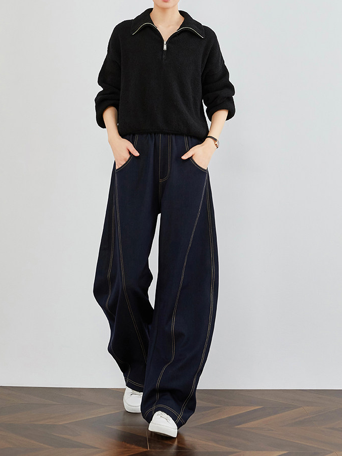 High-Quality Faux Denim Women's Loose Fit Banana Jeans – Elastic Waist Tall Extended Wide-Leg Scythe Pants