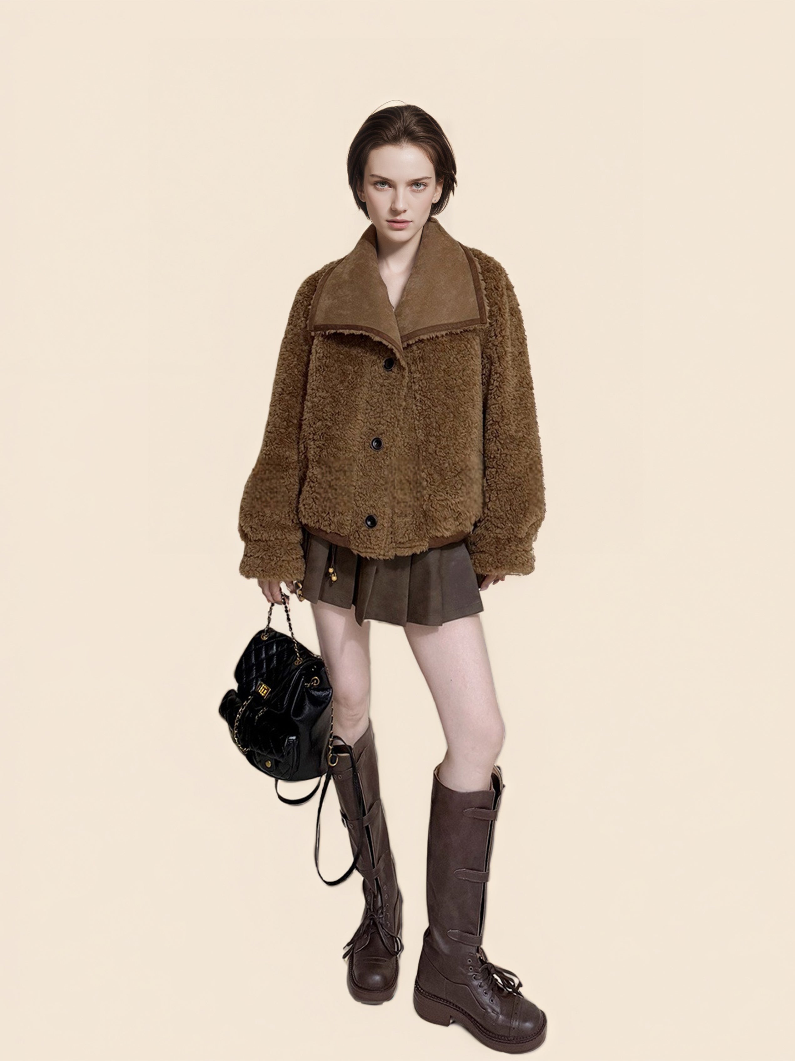 Reversible Suede-Finish Coat for Women – Faux Shearling Lined Winter Short Jacket with Lapel Collar