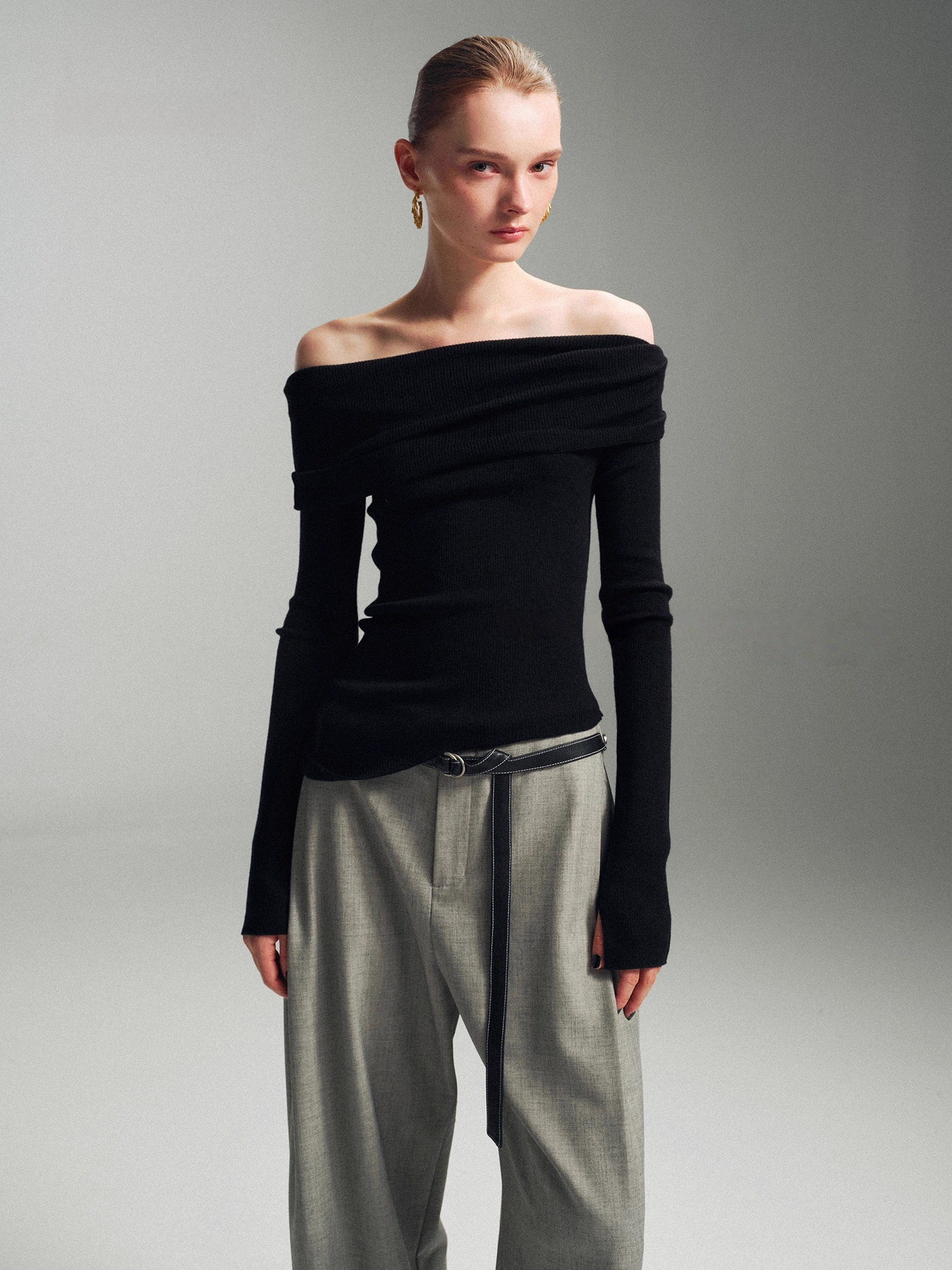 Pure Wool Fine-Rib Off-Shoulder Drape Neck Knit Top for Women – Elegant Spring/Fall Sweater