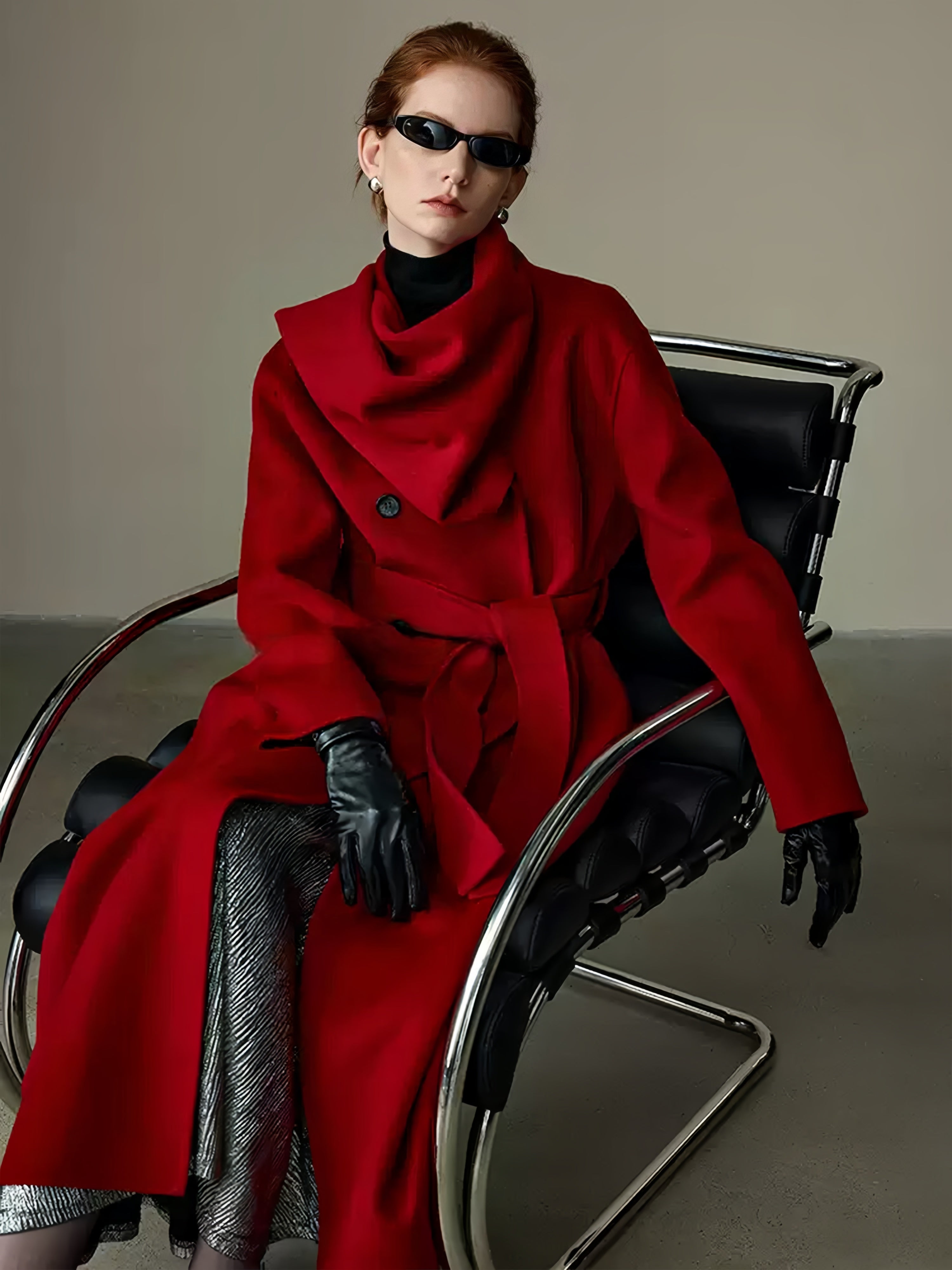 Cape-Style Christmas Red Double-Faced Wool Coat for Women – Elegant Long Scarf-Collar Woolen Overcoat