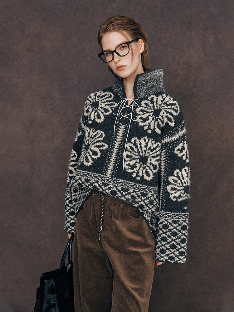 Paris Snow Velvet Fair Isle Knit | French-Style Tie Polo Collar Loose Slimming Pullover Sweater