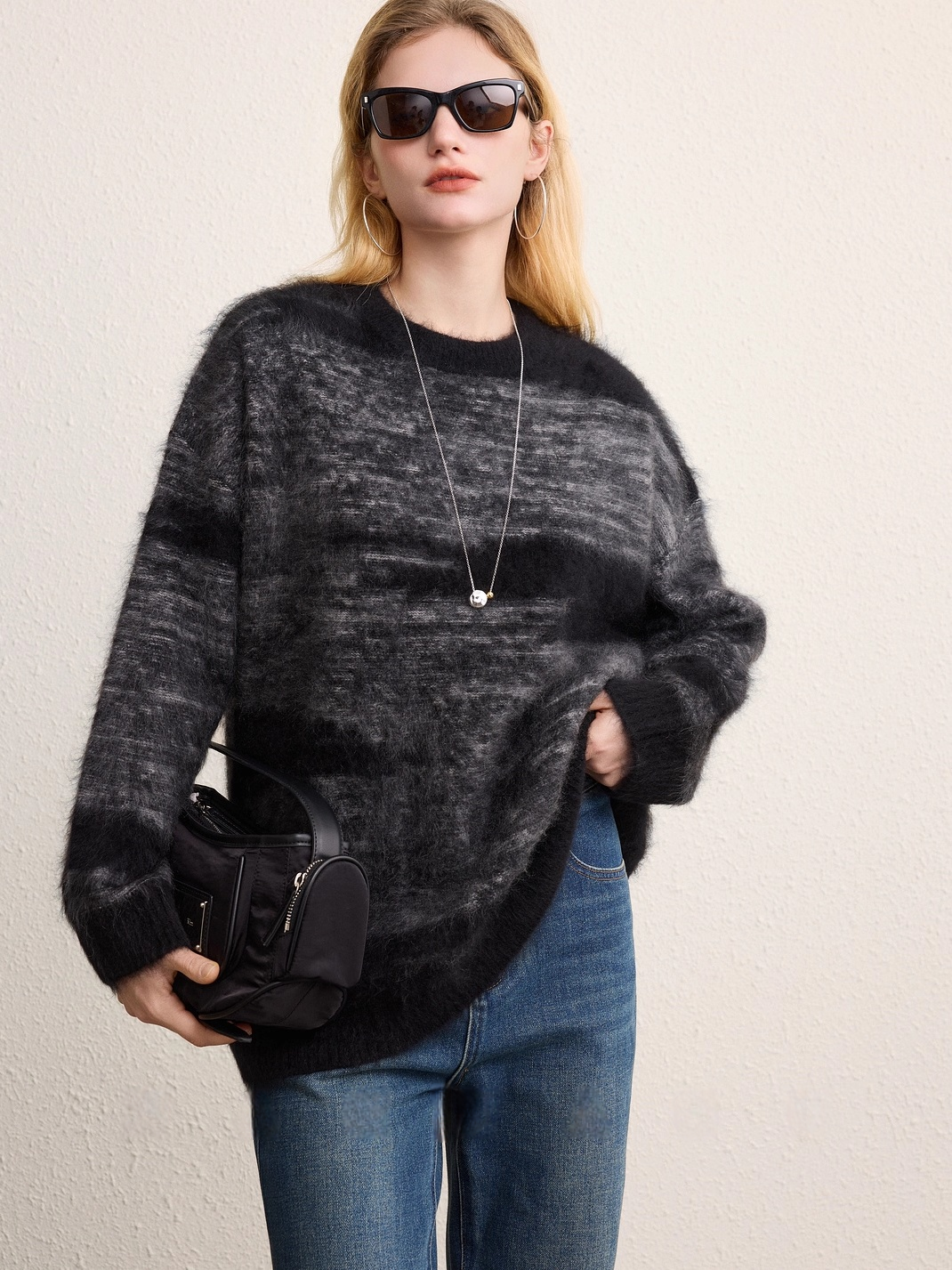 Gradient Two-Tone Brushed Knit Sweater for Women | Wool-Cashmere Blend Textured Jacquard Pullover