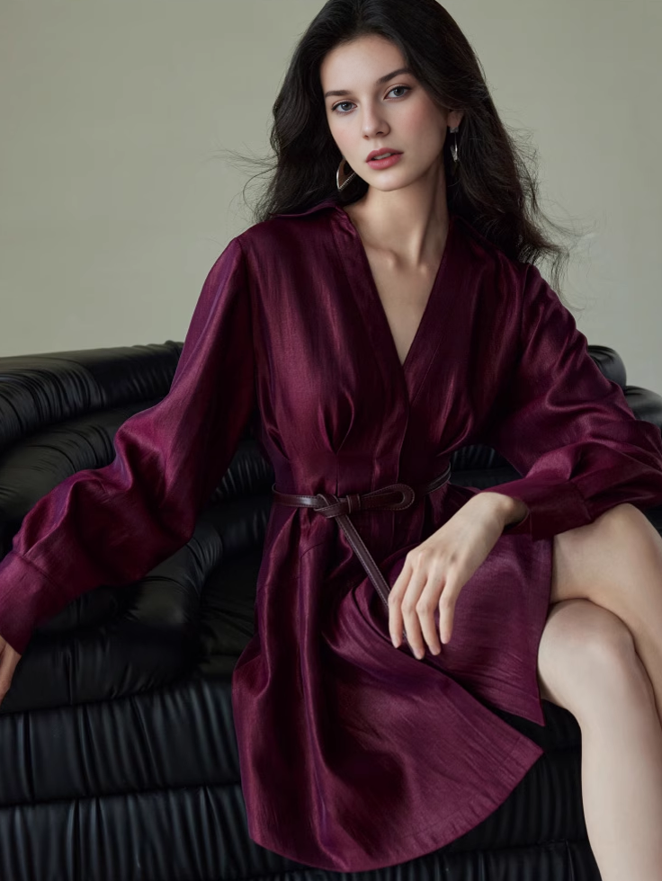 Lustrous Jacquard Satin Shirt Dress for Women – Belted Waist A-Line Mini Dress with Refined Sheen