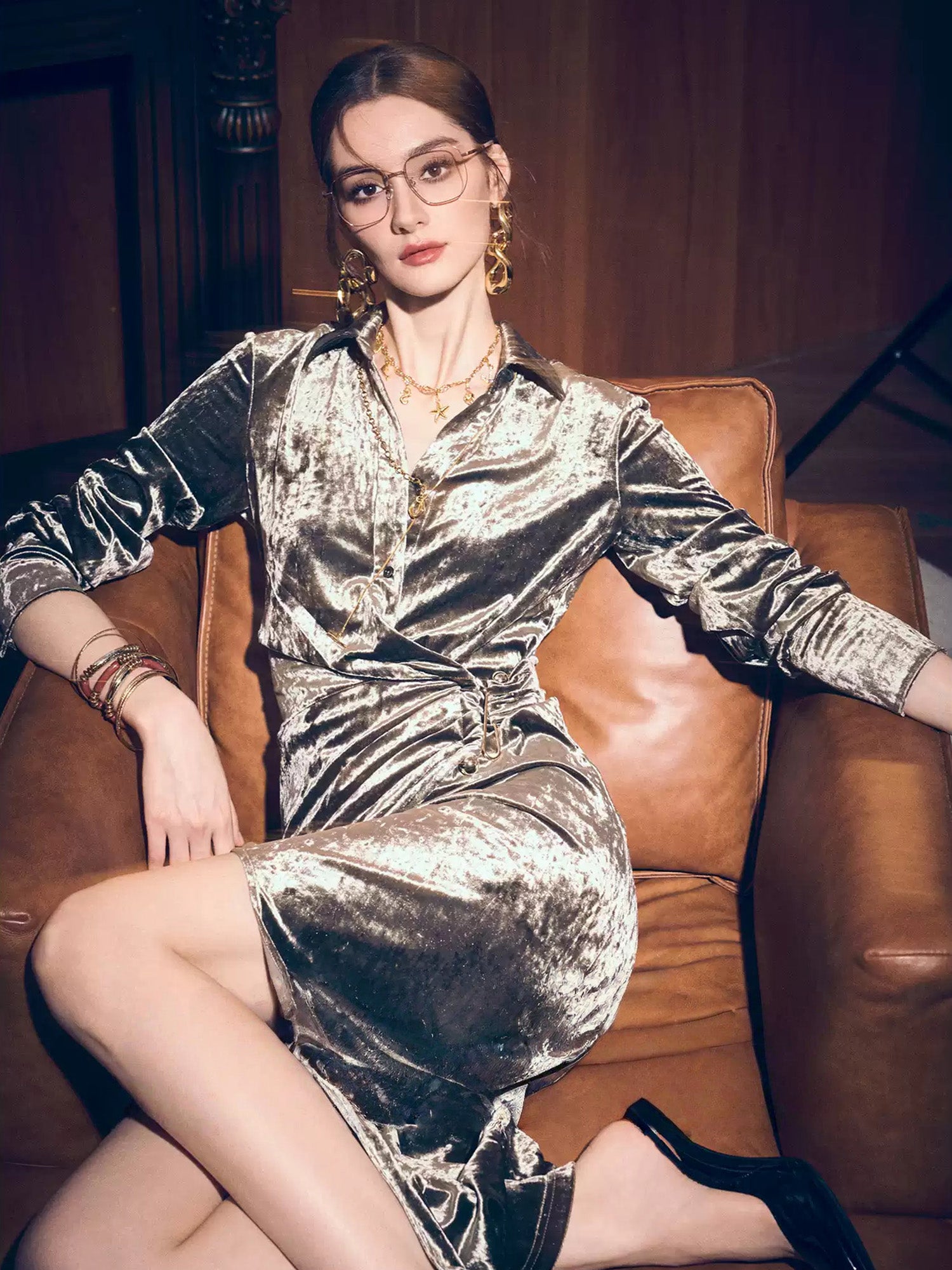 Party Diamond-Glow Dress – Modern Elegant Couture Design, Ice-Flower Stretch Gold Velvet Cocktail Dress