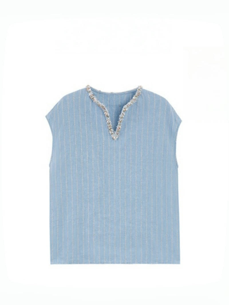 Luxury Linen Striped Shirt – Handcrafted Loose Fit Casual Shirt with Gold Glitter Collar for Women